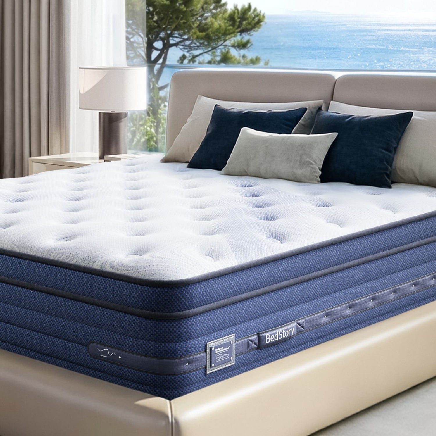 14" BEDSTORY SPINEALIGN™ LUXE Firm Hybrid Mattress with deep blue leather color