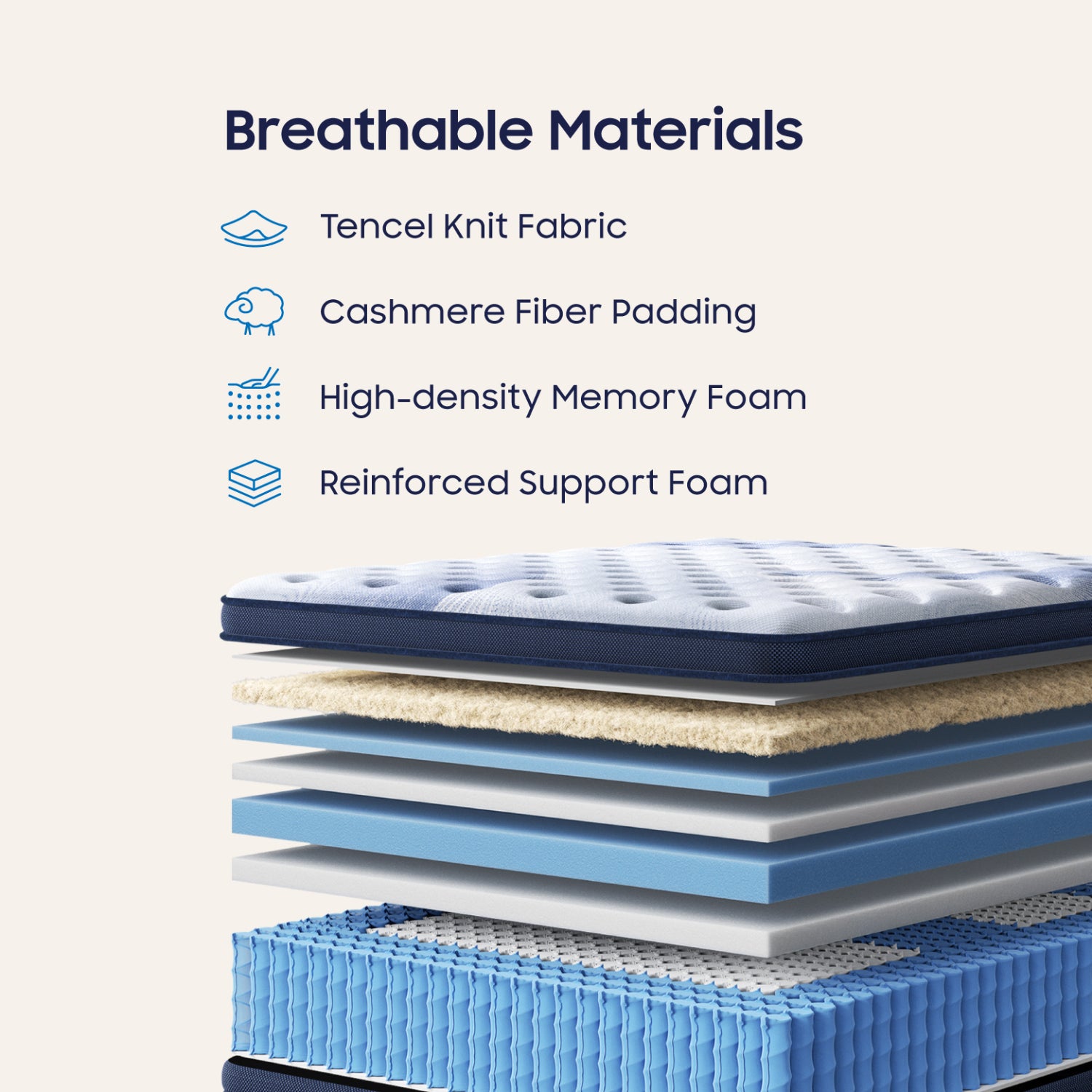 BEDSTORY SPINEALIGN™ breathable materials: Tencel, cashmere, memory foam, support foam.