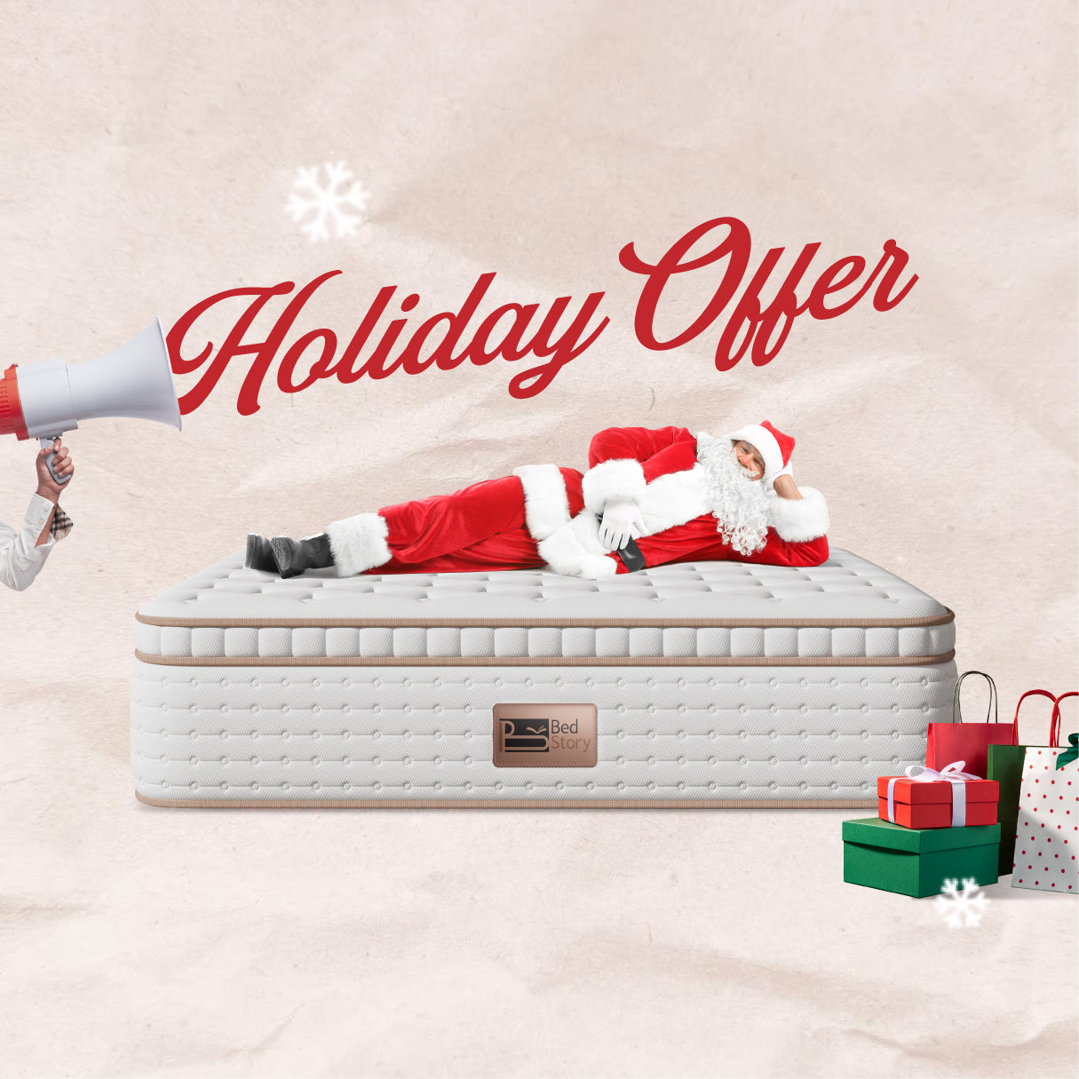 Person in Santa Claus outfit lying on a mattress with 'Holiday Offer' text and gift boxes.