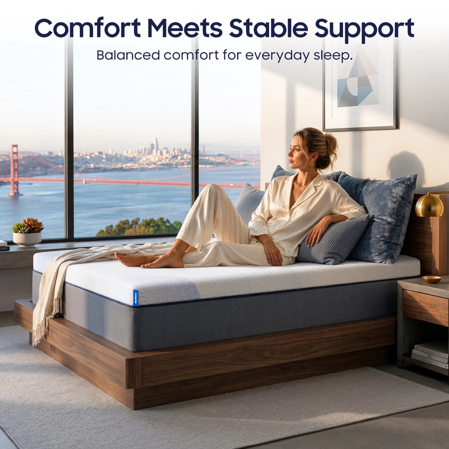 Woman relaxing on BEDSTORY SPINEALIGN firm mattress topper for back pain relief and stable support