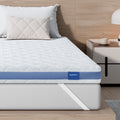 Cooling mattress topper secured with non-slip corner straps