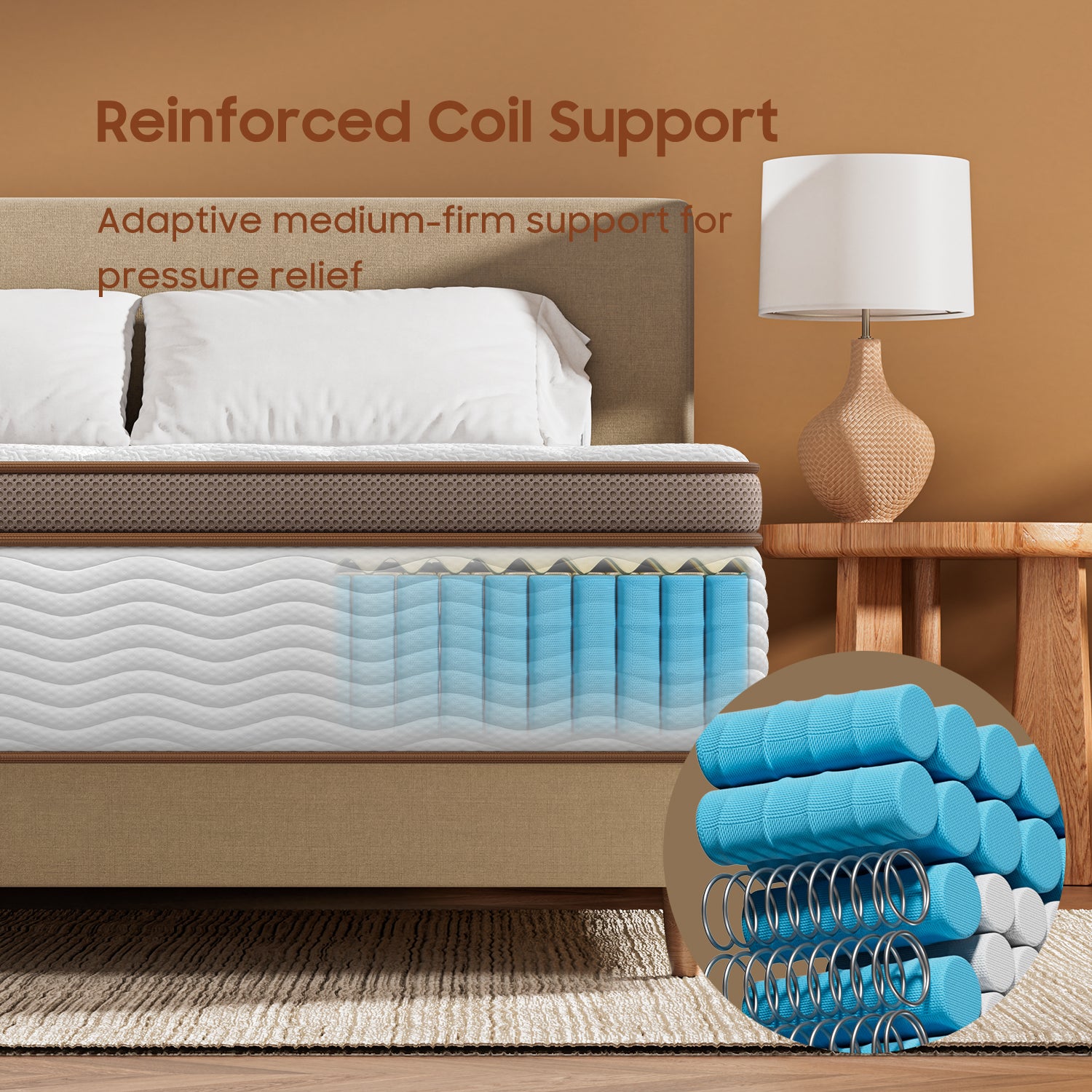 White Brown mattress with reinforced coil support and adaptive medium-firm pressure relief.