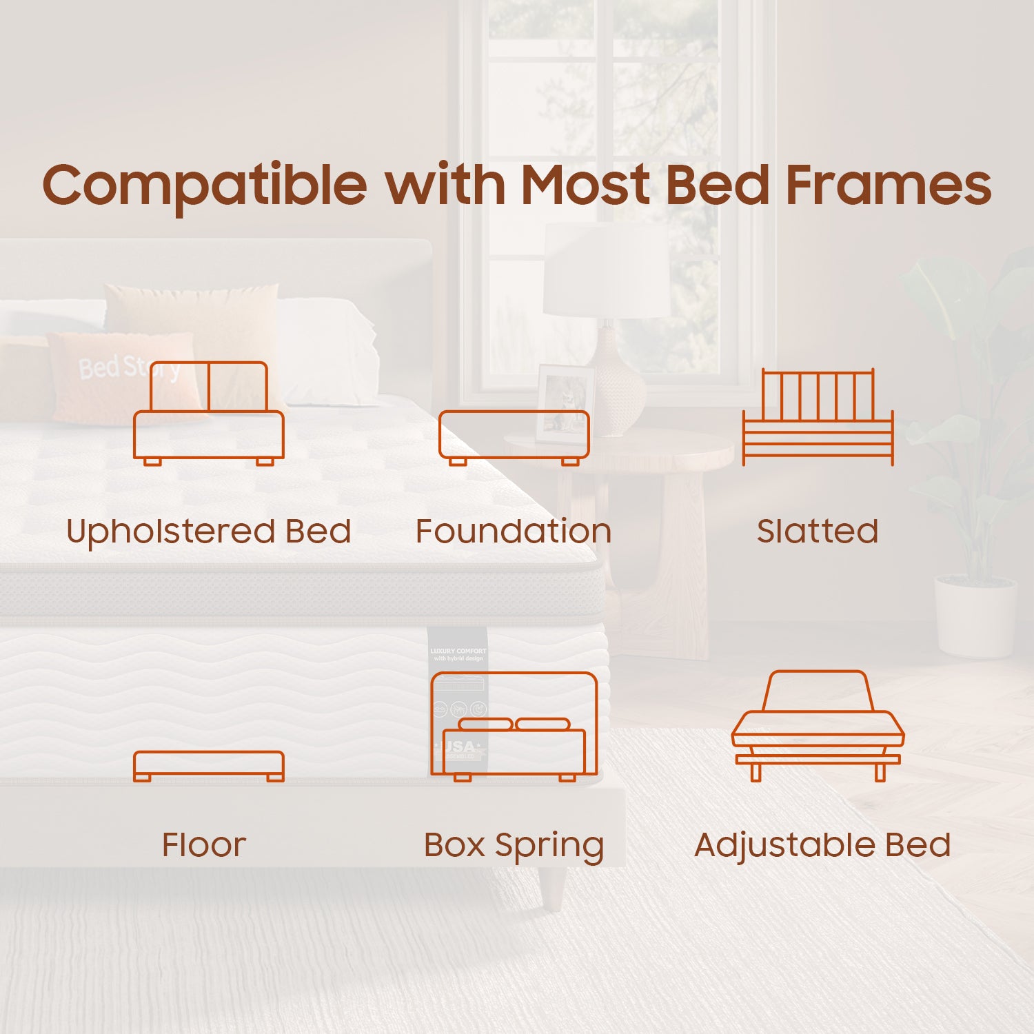 White Brown mattress compatible with upholstered beds, slatted frames, box springs, and adjustable beds.